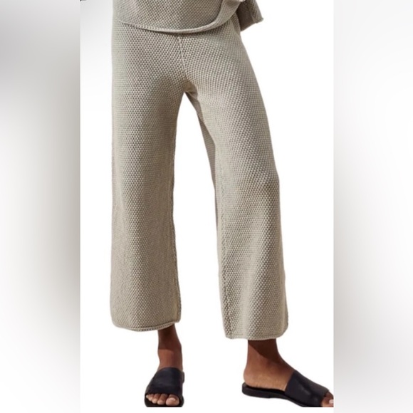 Free People  Beach Hailee Sweater Khaki Waffle Cropped Beige Wide Leg Knit Pants - Picture 2 of 9